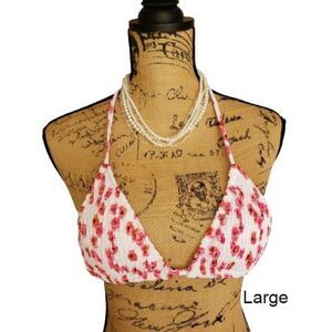 Girls Bikini Top Pink Floral Triangle Strappy Padded Swim Top Large